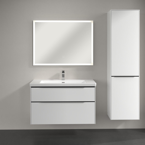 Villeroy & Boch Subway 3.0 Badkamerkast - opbouw - 45x35x170cm - 1 rechtsdraaiende - softclose deur volcano Black greep - spaanplaat - Brilliant White (wit) SW706801