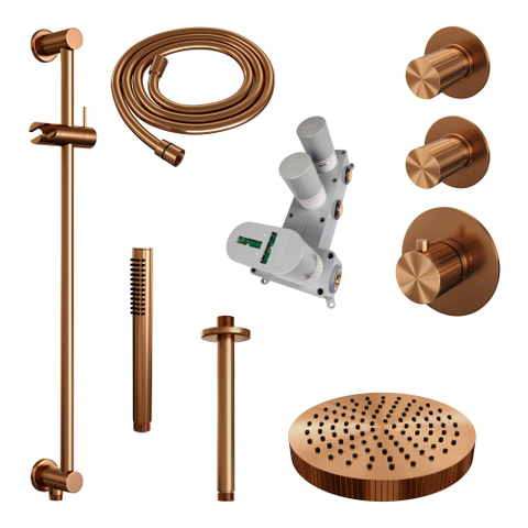 BRAUER Stripe Thermostatische Inbouw Regendouche - SET 09 - 25cm douchekop - plafondarm - staaf handdouche - doucheslang - geïntegreerde glijstang - koper geborsteld PVD SW1434921