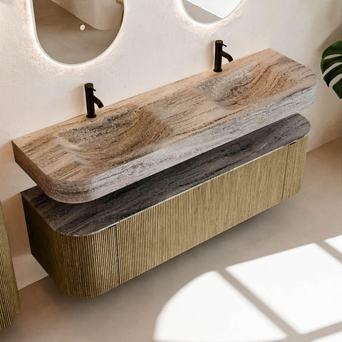 MONDIAZ THOR-DLUX 160cm meuble de salle de bains arrondi gauche + droite couleur Dusk avec 1 tiroir et 2 portes. Vasque suspendue CLOUD Double 2 trous de robinet couleur Oza. SW1465314