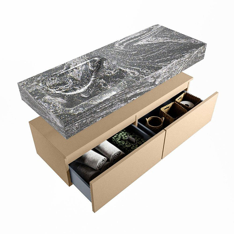 Mondiaz ALAN-DLUX Ensemble de meuble - 120cm - meuble Oro mat - 2 tiroirs - Lavabo Cloud Lava suspendu - vasque Gauche - 1 trou de robinet SW808376