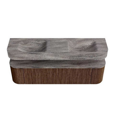 MONDIAZ THOR-DLUX 170cm badmeubel ronding links + rechts kleur Walnut met 1 lade en 2 deuren. Vrijhangende wastafel CLOUD Dubbel 2 kraangaten kleur Oza. SW1465679