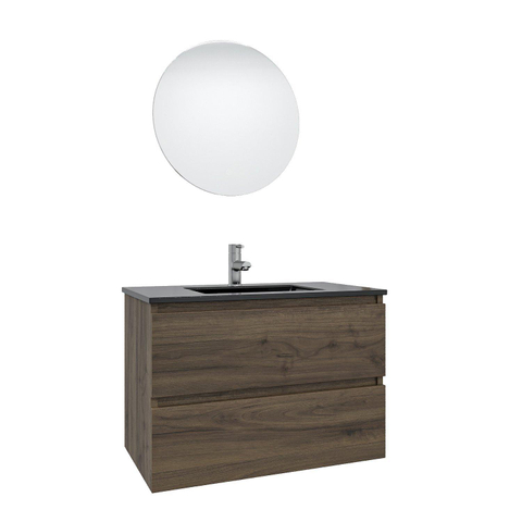 Saniclass Chaci Meuble de salle de bain - 80x46x55cm - lavabo en céramique noir - 1 vasque - 1 trou de robinet - 2 tiroirs - ronde miroir avec éclairage - noyer (hout) SW816271