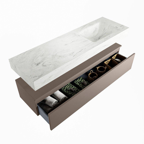 Mondiaz ALAN-DLUX Ensemble de meuble - 150cm - meuble Smoke mat - 1 tiroir - Lavabo Cloud Opalo suspendu - vasque Droite - 0 trous de robinet SW809269