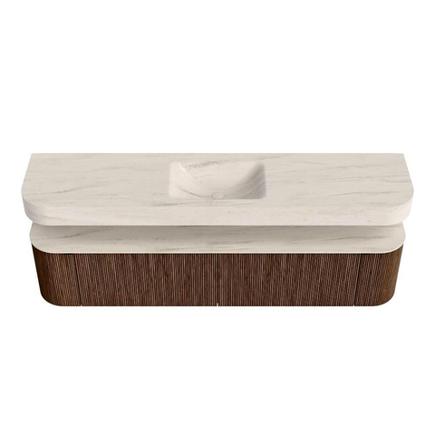 MONDIAZ THOR-DLUX 200cm badmeubel ronding links + rechts kleur Walnut met 2 lades en 2 deuren. Vrijhangende wastafel CLOUD Midden zonder kraangat kleur Meli. SW1467112