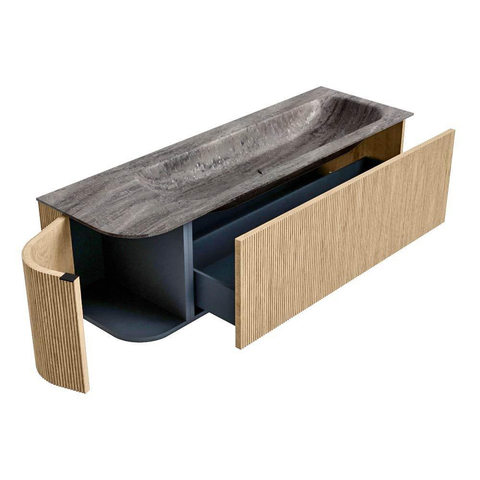 MONDIAZ KURVE-DLUX meuble de salle de bains 145 cm arrondi à gauche couleur chêne avec 1 tiroir et 1 porte. Lavabo BIG LARGE à droite 1 trou de robinet Oza. SW1432669