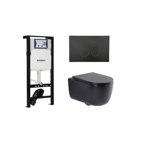 QeramiQ Dely Swirl Toiletset - 36.3x51.7cm - Geberit UP320 plieger inbouwreservoir - slim zitting - mat zwarte bedieningsplaat - ronde knoppen - mat zwart SW1413309