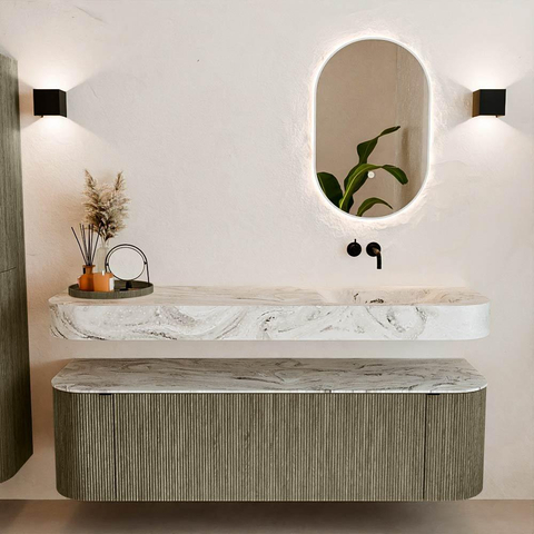MONDIAZ THOR-DLUX 160cm meuble de salle de bains arrondi gauche + droite couleur Shadow avec 1 tiroir et 2 portes. Vasque suspendue CLOUD Droite sans trou de robinet couleur Glace. SW1467679