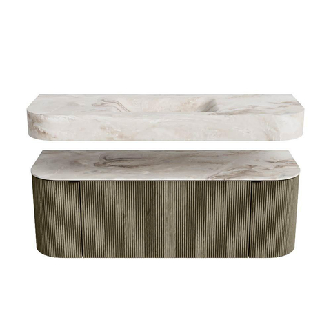 MONDIAZ THOR-DLUX 130cm badmeubel ronding links + rechts kleur Shadow met 1 lade en 2 deuren. Vrijhangende wastafel CLOUD Midden zonder kraangat kleur Frappe. SW1463740