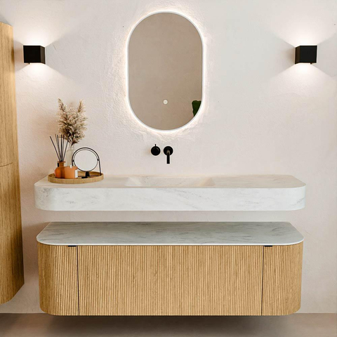 MONDIAZ THOR-DLUX 150cm badmeubel ronding links + rechts kleur Oak met 1 lade en 2 deuren. Vrijhangende wastafel CLOUD Midden zonder kraangat kleur Opalo. SW1464603