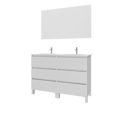 Saniclass Chaci PLUS Meuble de salle de bain - 120x86x46cm - lavabo en céramique blanc - 2 vasques ovales - 2 trous de robinet - 6 tiroirs - miroir rectangulaire - blanc mat SW926314