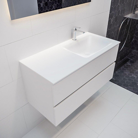 ENSEMBLE DE MEUBLE MONDIAZ VICA - 100cm - 2 tiroirs - lavabo Cloud à droite - 1 trou de robinet - solid surface talc SW409763