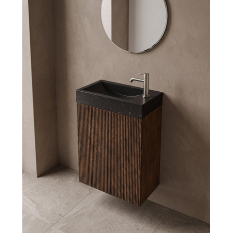 Saniclass Holz Atelier Ensemble meuble de toilette - 40x60.5cm - 1 porte - lave-mains pierre naturelle foncée - trou de robinet à droite - chêne charcoal SW1577764