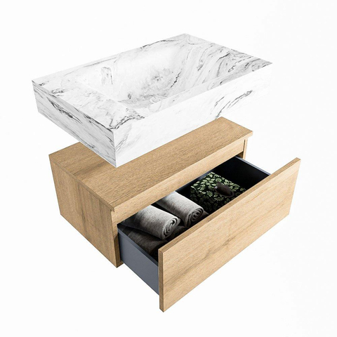 MONDIAZ ALAN - DLUX Badkamermeubelset - 70cm - onderkast - Washed Oak - 1 lade - vrijhangende wastafel - wasbak midden - 0 kraangaten - Glace SW808809
