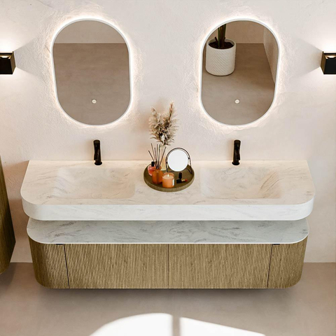 MONDIAZ THOR-DLUX 180cm meuble de salle de bains arrondi gauche + droite couleur Dusk avec 2 tiroirs et 2 portes. Vasque suspendue CLOUD Double 2 trous de robinet couleur Opalo. SW1466007
