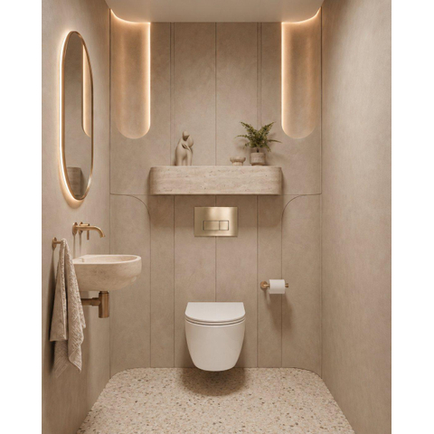 QeramiQ Dely Swirl Toiletset - 36.3x51.7cm - diepspoel - rimless - Geberit UP720 Duofix Sigma inbouwreservoir - slim zitting - geborsteld messing bedieningsplaat - rechtehoekige knoppen - wit mat SW1414019