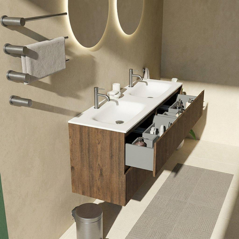 Saniclass Holz Atelier Ensemble meuble de salle de bains - 140x45x61.5cm - lavabo Flow en solid surface blanc - 2 vasques - 2 trous de robinetterie - 4 tiroirs - chêne charcoal mat (bois) SW1478441