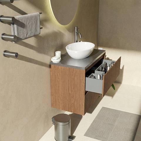 Saniclass Holz Atelier Badkamermeubelset - 80x45x63cm - Noche basalten wastafelblad gepolijst (zwart) - 1 kraangat - 2 lades - mat walnut pure (hout) SW1478544