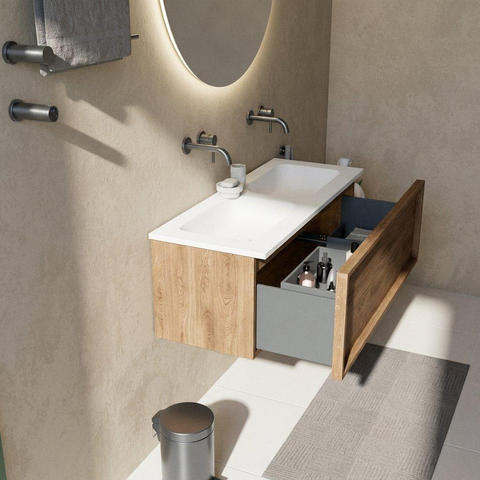 Saniclass Holz Frame Ensemble de meubles de salle de bains - 120x45x57.5cm - vasque Torino en solid surface blanche - sans trou de robinet - 1 tiroir - chêne natural mat (bois) SW1478669