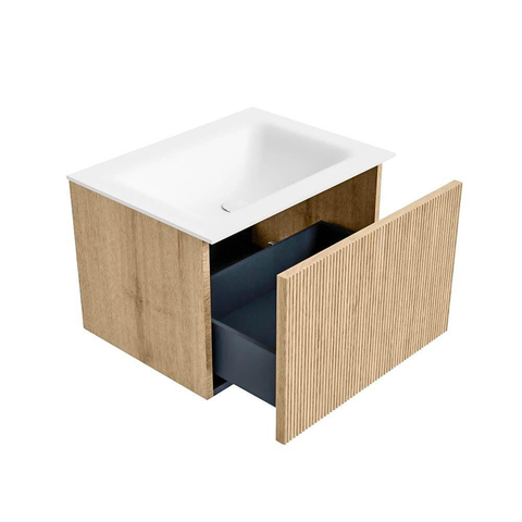 MONDIAZ KURVE Meuble de salle de bains 60 cm couleur Oak avec 1 tiroir. Lavabo CLOUD central sans trou de robinet Talc. SW1138124