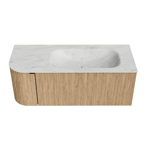 MONDIAZ KURVE-DLUX Meuble de salle de bains 115 cm avec module 25 L couleur Chêne avec 1 tiroir et 1 porte. Lavabo BIG SMALL à droite 1 trou de robinet couleur Opalo. SW1137538
