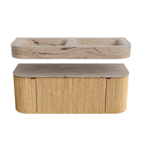 MONDIAZ THOR-DLUX 120cm badmeubel ronding links + rechts kleur Oak met 1 lade en 2 deuren. Vrijhangende wastafel CLOUD Dubbel 2 kraangaten kleur Arena. SW1463423