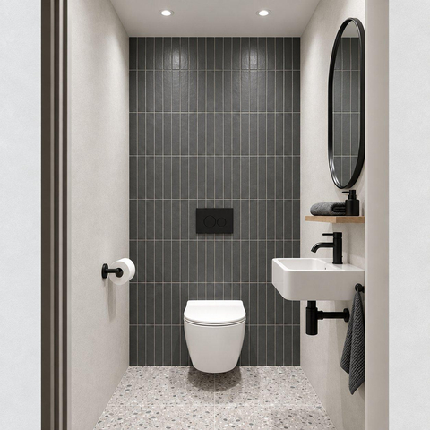 Adema Salina 2.0 Toiletset - 48.5x36x32cm - diepspoel - spoelrandloos - QeramiQ inbouwreservoir - softclose - quickrelease - toiletzitting - mat zwarte kunststof bedieningsplaat - ronde knoppen - wit SW1474597