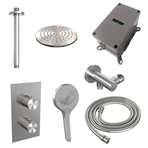 Brauer Douche pluie encastrable en finition brossée - douche principale 20cm - bras plafond 20cm - 2 fonctions - comprenant partie encastrable - douchette ronde 3 positions - PVD - inox brossé SW716123