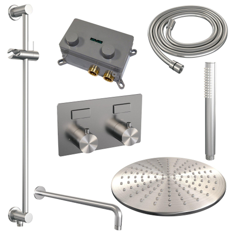 BRAUER Brushed Edition Douche de pluie thermostatique encastrée - boutons-poussoirs - SET 64 - pomme de douche 30cm - bras mural courbé - douchette barre - flexible de douche - barre de douche intégrée - inox brossé PVD SW925488