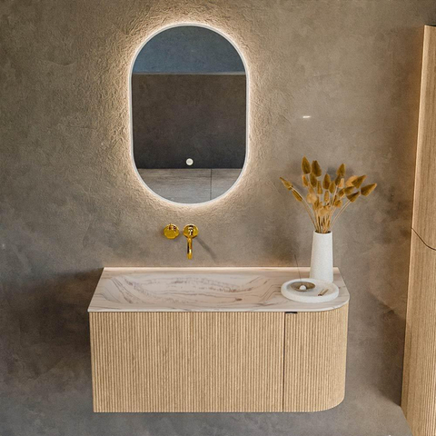 MONDIAZ KURVE-DLUX Meuble de salle de bains 95cm arrondi à droite couleur Chêne avec 1 tiroir et 1 porte. Lavabo BIG SMALL à gauche sans trou de robinet Nata. SW1432080