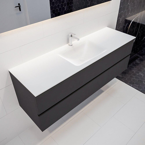 MONDIAZ VICA Ensemble de meuble salle de bain - 150cm - 2 tiroirs - lavabo Cloud central - 1 trou de robinet - solid surface gris foncé SW409785
