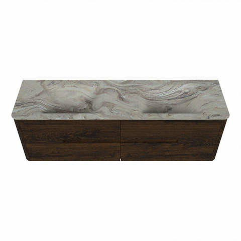 Mondiaz CIRO-DLUX Badkamermeubelset - 160x45x50cm - Solid surface wastafel Glace - 2 wasbak Dubbel - zonder kraangaten - 4 lades - Walnut SW1530145