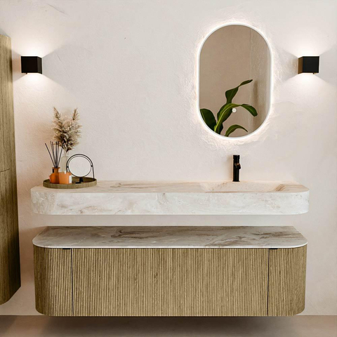 MONDIAZ THOR-DLUX Meuble de salle de bains 160cm arrondi gauche + droite couleur Dusk avec 1 tiroir et 2 portes. Vasque suspendue CLOUD Droite 1 trou de robinet couleur Frappe. SW1465036