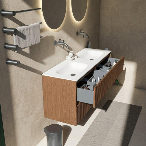Saniclass Holz Atelier Ensemble de meubles de salle de bains - 140x45x61.5cm - lavabo Flow en solid surface blanc - 2 vasques - sans trous de robinetterie - 4 tiroirs - mat walnut pure (bois) SW1478430