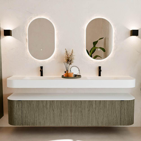 MONDIAZ THOR Meuble de salle de bains 200cm arrondi gauche + droite couleur Shadow avec 2 tiroirs et 2 portes. Vasque suspendue CLOUD Double 2 trous de robinet couleur Talc. SW1466922