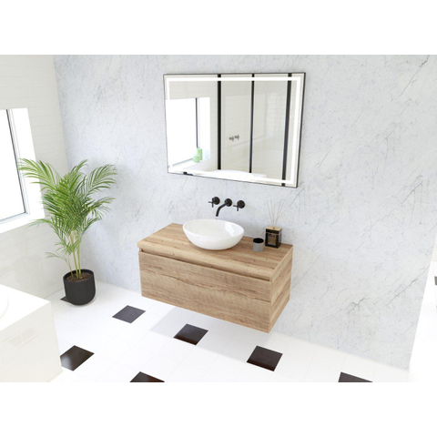 H&R Badmeubelen Matrix 3D badkamermeubelset 100cm 1 lade greeploos met greeplijst in kleur French oak met bovenblad french oak SW857075