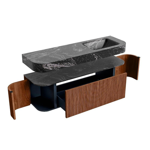 MONDIAZ THOR-DLUX 150cm badmeubel ronding links + rechts kleur Ruby met 1 lade en 2 deuren. Vrijhangende wastafel CLOUD Rechts zonder kraangat kleur Lava. SW1464548