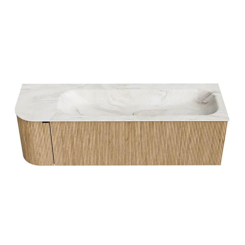 MONDIAZ KURVE-DLUX 145cm badmeubel met module 25 L kleur Oak met 1 lade en 1 deur. Wastafel BIG LARGE rechts 2 kraangaten kleur Ostra. SW1137771