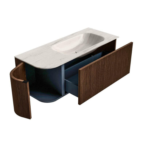 MONDIAZ KURVE-DLUX 115cm badmeubel ronding Links kleur Walnut met 1 lade en 1 deur. Wastafel BIG SMALL Rechts zonder kraangat Meli. SW1431676