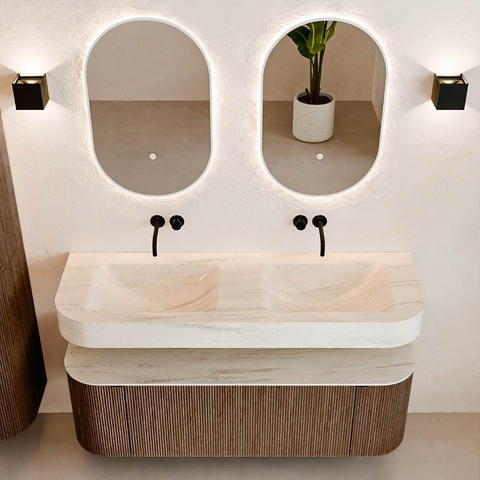 MONDIAZ THOR-DLUX 140cm badmeubel ronding links + rechts kleur Walnut met 1 lade en 2 deuren. Vrijhangende wastafel CLOUD Dubbel zonder kraangat kleur Meli. SW1464376