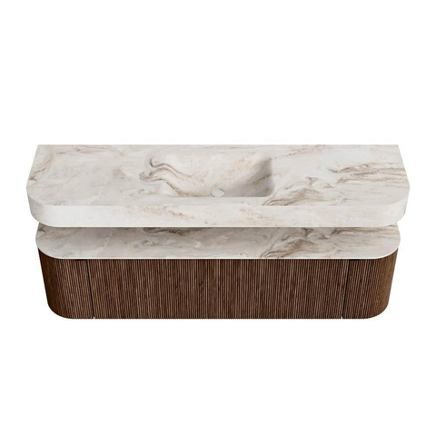MONDIAZ THOR-DLUX 170cm badmeubel ronding links + rechts kleur Walnut met 1 lade en 2 deuren. Vrijhangende wastafel CLOUD Midden 1 kraangat kleur Frappe. SW1465566