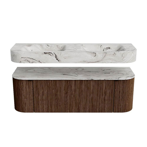 MONDIAZ THOR-DLUX 140cm meuble de salle de bains arrondi gauche + droite couleur Walnut avec 1 tiroir et 2 portes. Vasque suspendue CLOUD Double 2 trous de robinet couleur Glace. SW1463952