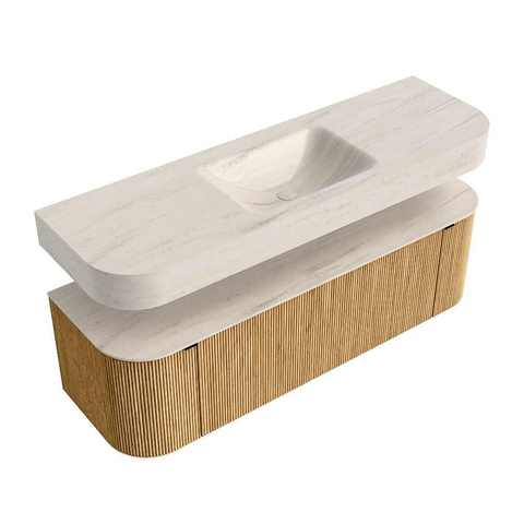 MONDIAZ THOR-DLUX 150cm meuble de salle de bains arrondi gauche + droite couleur Oak avec 1 tiroir et 2 portes. Vasque suspendue CLOUD Milieu sans trou de robinet couleur Meli. SW1464771
