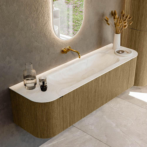 Mondiaz KURVE-DLUX Ensemble de meubles de salle de bains - 160x46x40cm - 1 tiroir - 2 portes - lavabo solid surface - milieu - sans trou de robinet - Dusk SW1415159