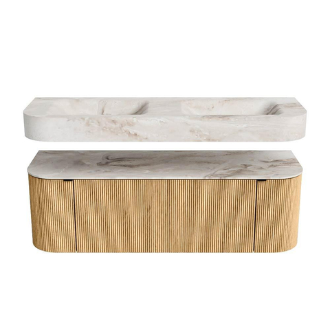 MONDIAZ THOR-DLUX Meuble de salle de bains - 140cm - arrondi gauche + droite - couleur Oak - 1 tiroir et 2 portes - Vasque suspendue CLOUD Double sans trou de robinet - couleur Frappe SW1463914