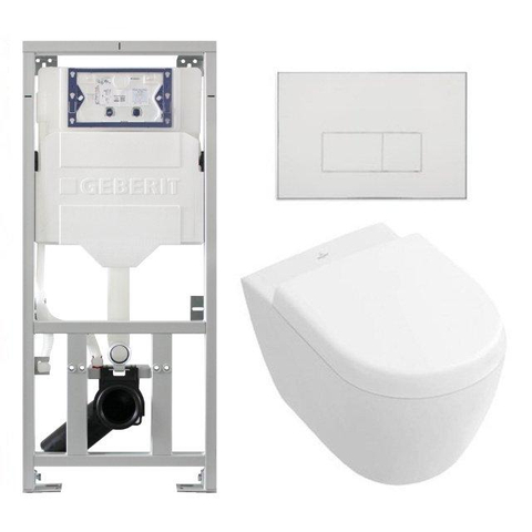 Ensemble de toilettes compactes à chasse directe de villeroy and boch avec réservoir de chasse geberit et softclose avec siège à fermeture rapide et plaque de commande avec boutons rectangulaires blanc SW791655