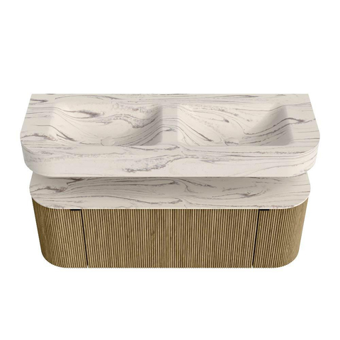 MONDIAZ THOR-DLUX 130cm meuble de salle de bains arrondi gauche + droite couleur Dusk avec 1 tiroir et 2 portes. Vasque suspendue CLOUD Double 2 trous de robinet couleur Nata. SW1463849