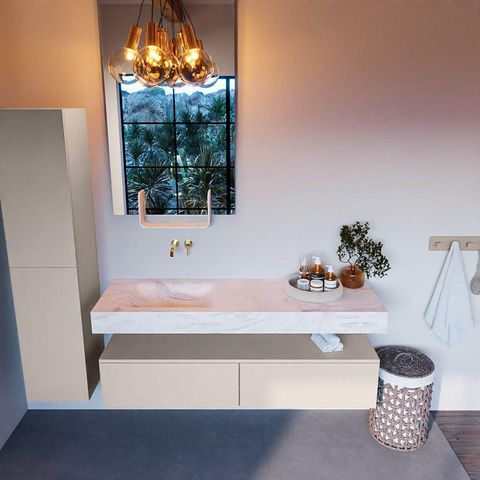 Mondiaz ALAN-DLUX Ensemble de meuble - 150cm - meuble Linen mat - 2 tiroirs - Lavabo Cloud Ostra suspendu - vasque Gauche - 0 trous de robinet SW807288