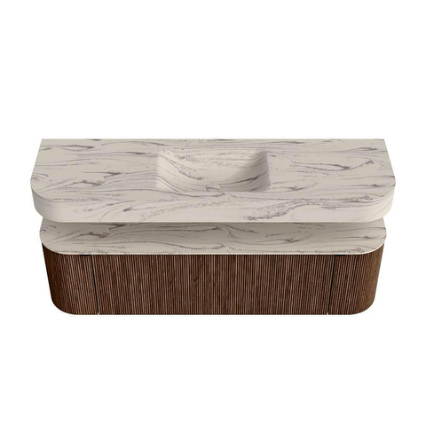 MONDIAZ THOR-DLUX 160cm badmeubel ronding links + rechts kleur Walnut met 1 lade en 2 deuren. Vrijhangende wastafel CLOUD Midden zonder kraangat kleur Nata. SW1465254