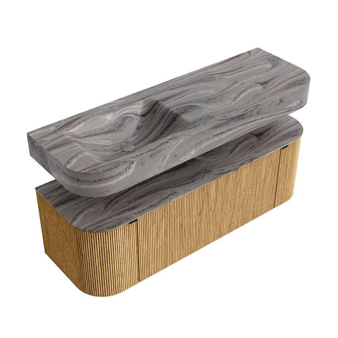 MONDIAZ THOR-DLUX 140cm badmeubel ronding links + rechts kleur Oak met 1 lade en 2 deuren. Vrijhangende wastafel CLOUD Links 1 kraangat kleur Sombra. SW1464341