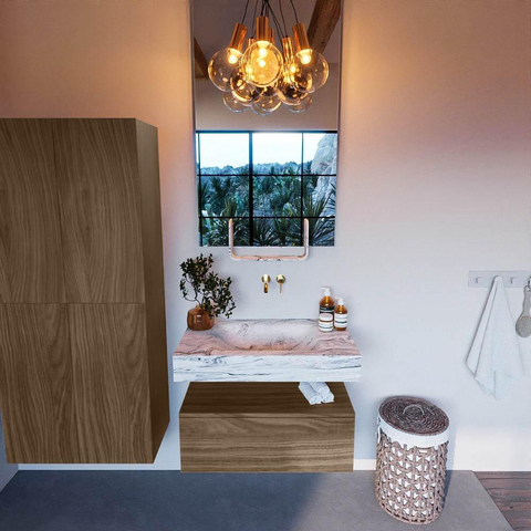 Mondiaz ALAN-DLUX Ensemble meuble de salle de bains - 150x46cm - 1 tiroir - vasque suspendue - sans trous de robinetterie - 1 au centre - Mocha SW1187261
